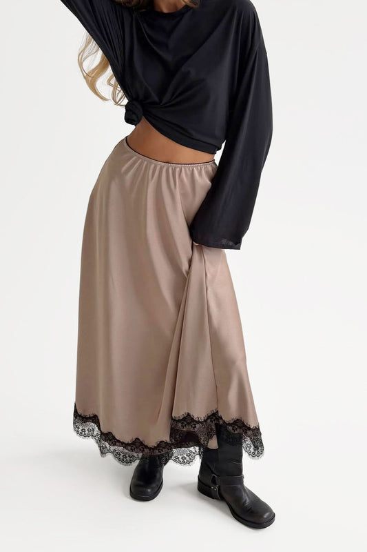 Lace-Trim Satin Long Maxi Skirt