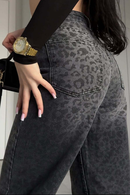 Schwarze, graue, gewaschene High-Waist-Jeans mit Leopardenmuster und hohem Bund