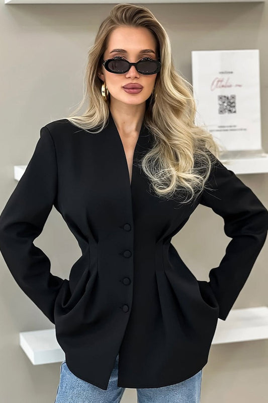 Pleated Waist Stand Collar Blazer
