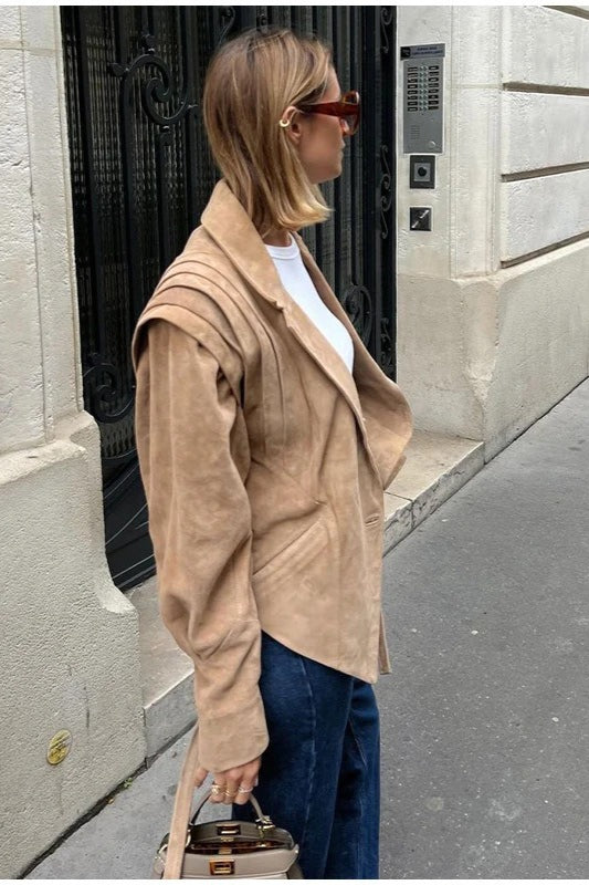Belted Faux Suede Wrap Blazer