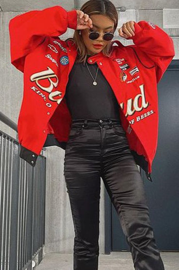 Casual Red Print Zip Jacket