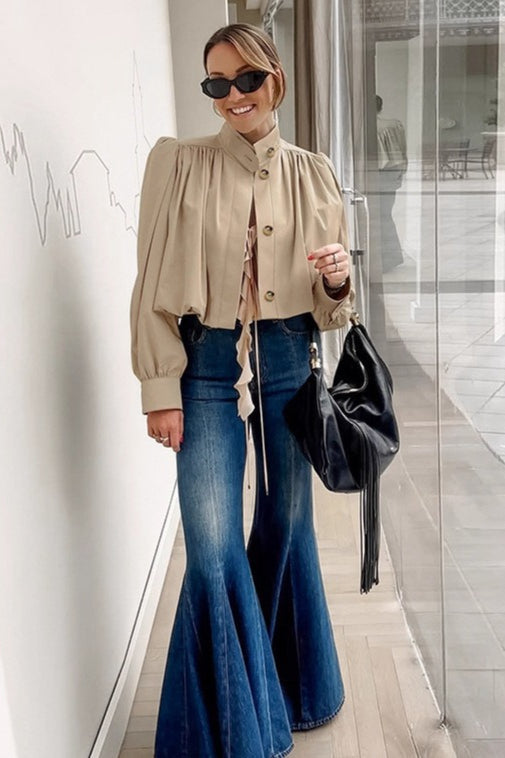 Short Khaki Puff Sleeve Trench Coat coats