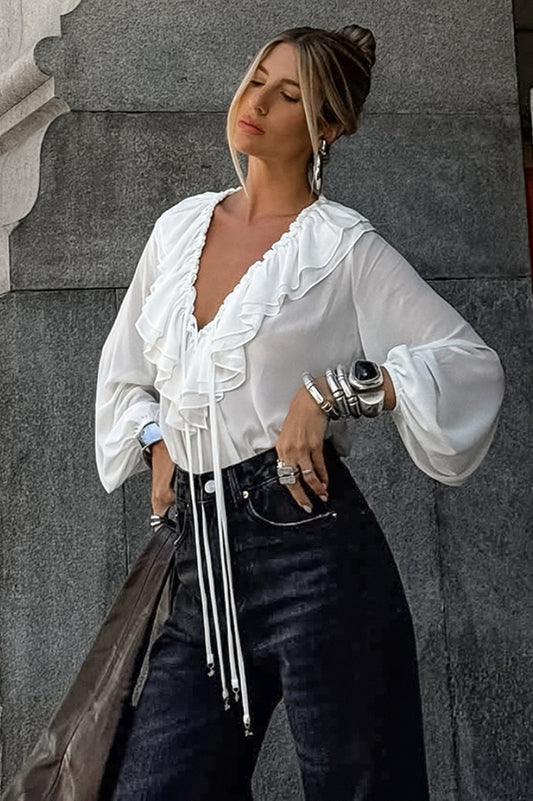 Vintage Bluse mit Rüschen und V-Ausschnitt und Laternenärmeln