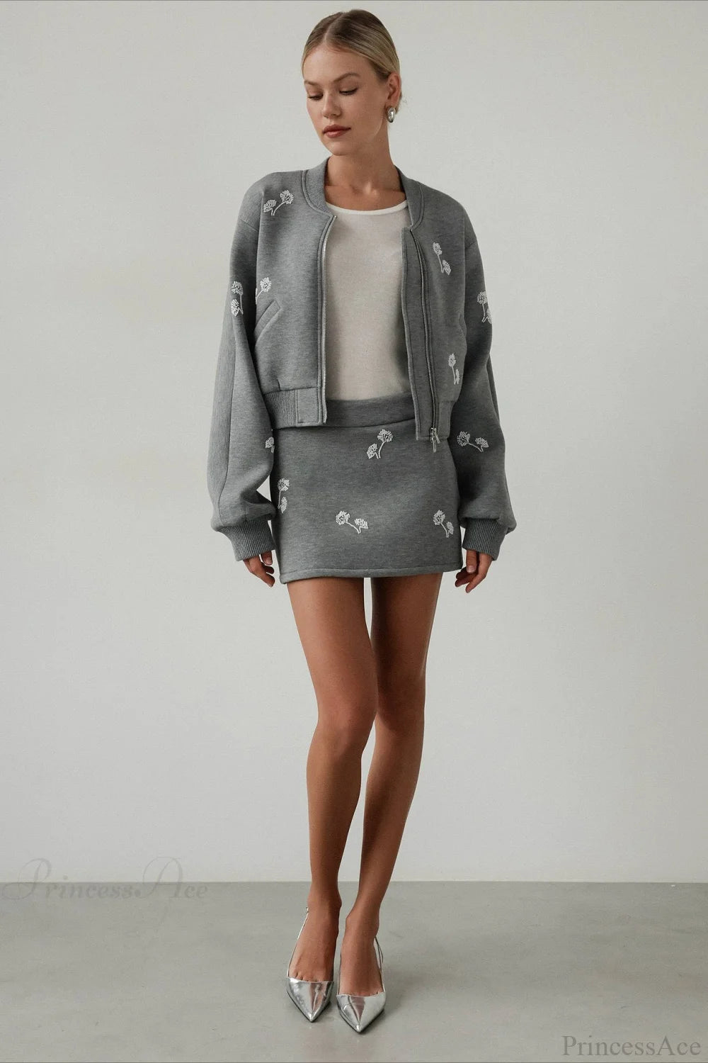 Dandelion Print Sweatshirt Loose Two Piece Set Grey / S