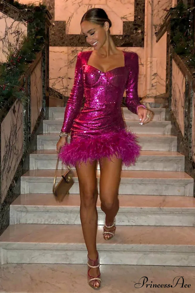 Daria Sequin Stylish Feather Mini Dress
