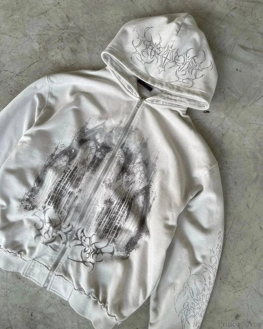 Dark Aesthetic Print Zip Hoodie white / M