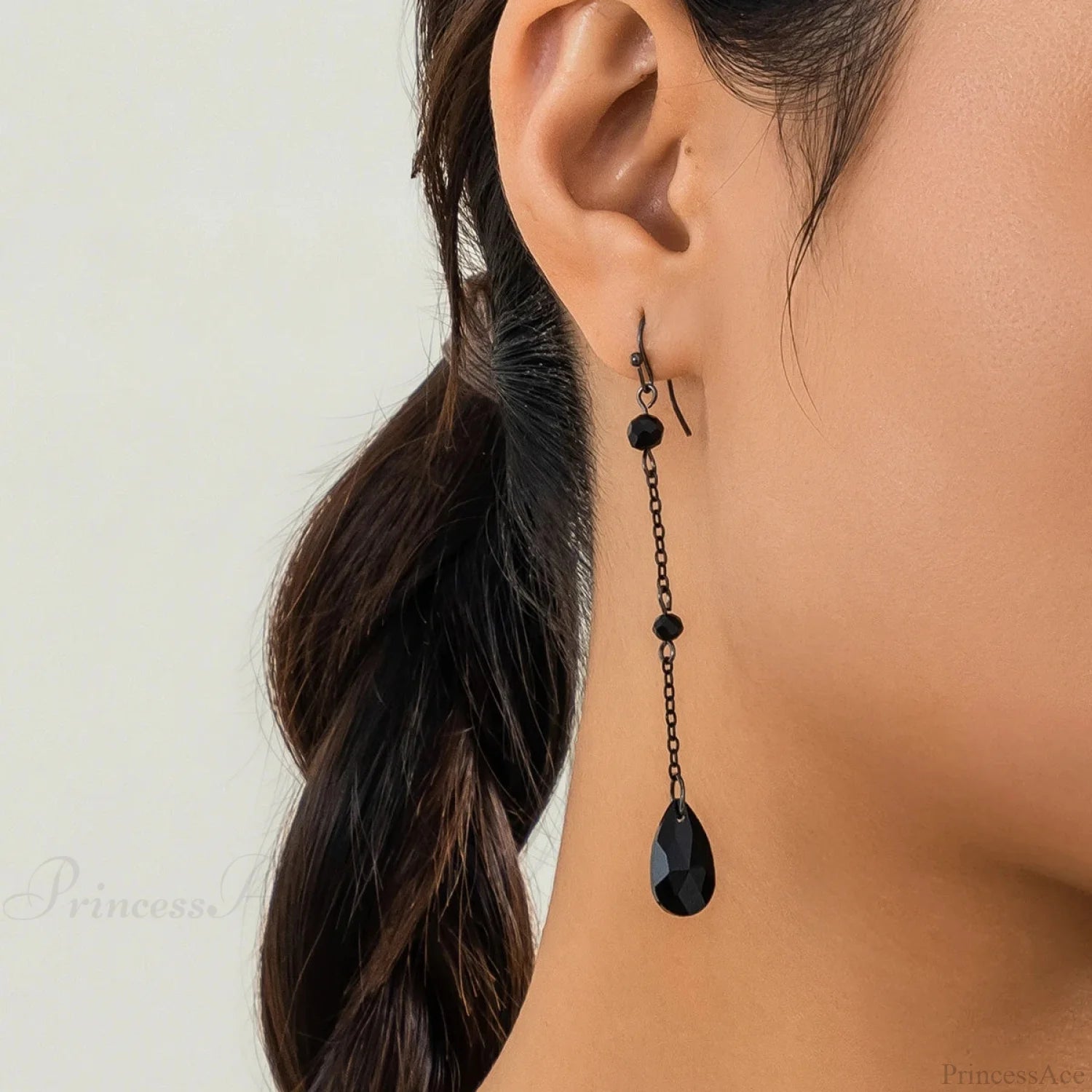 Dark Black Crystal Long Fringe Drop Earring