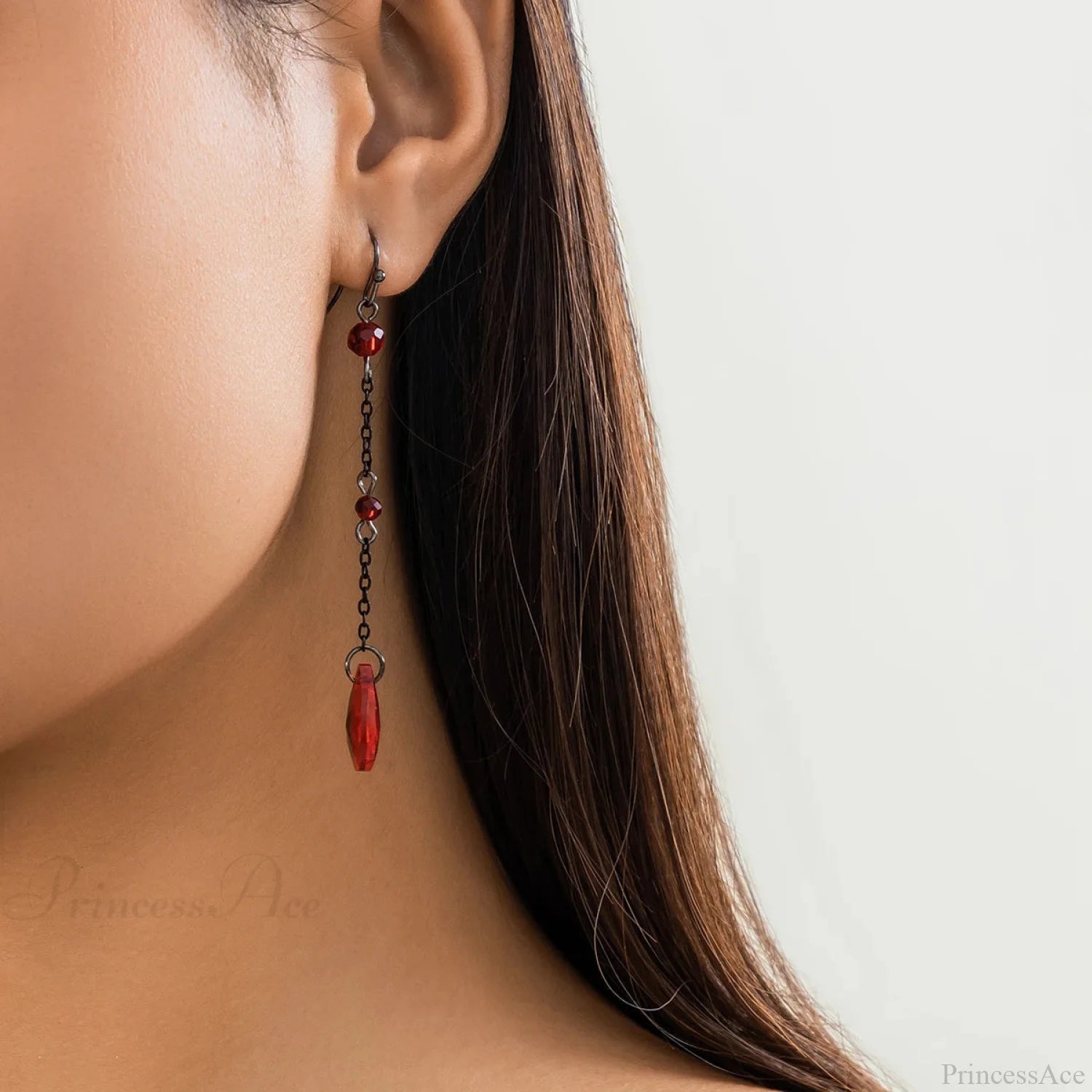 Dark Black Crystal Long Fringe Drop Earring red