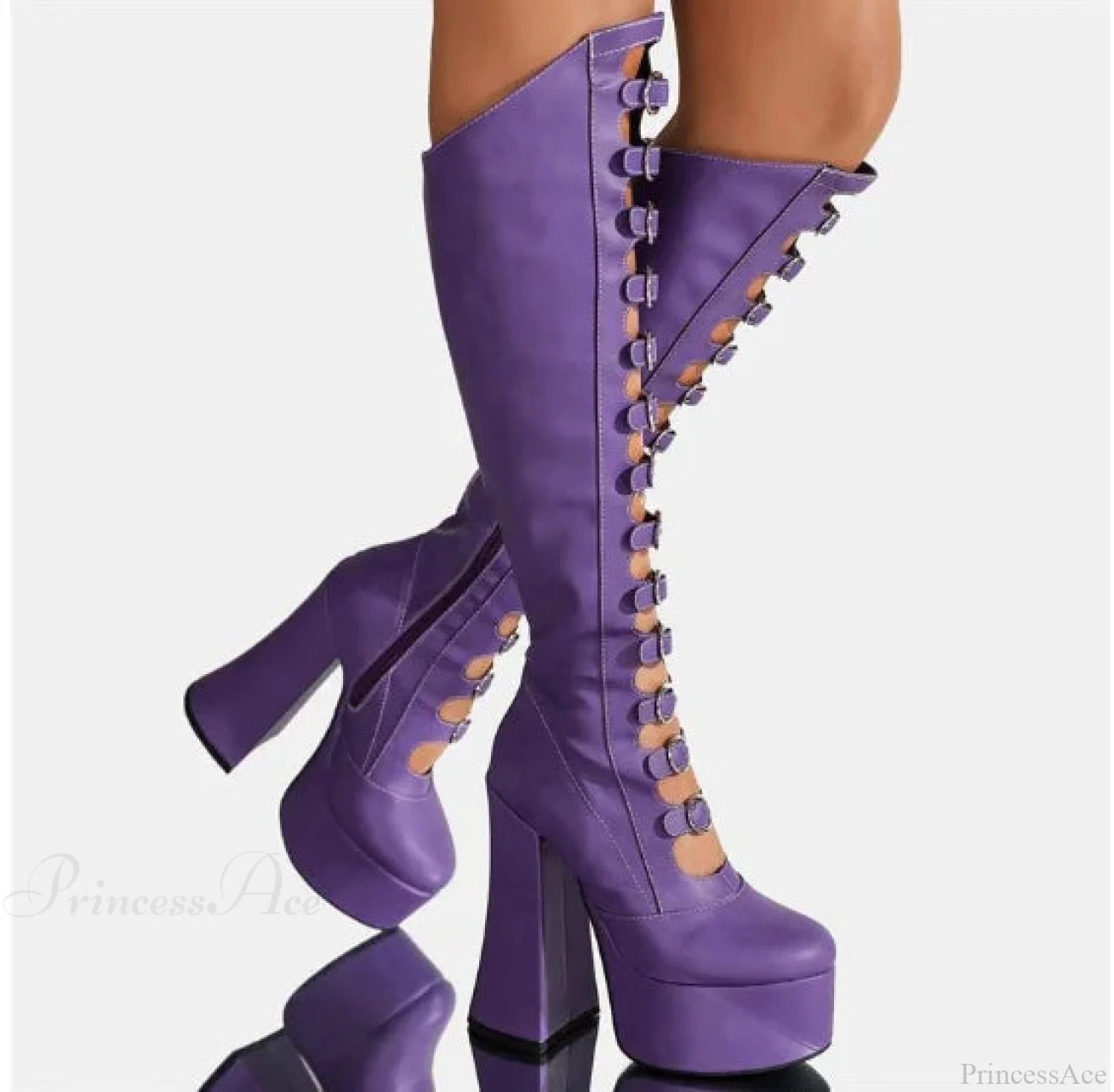 Dark Black Platform Knee High Mysterious Boot Lavender / 34