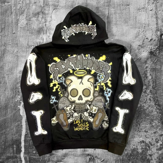 Dark Cartoon Embroidered Hooded Sweatshirt black / M