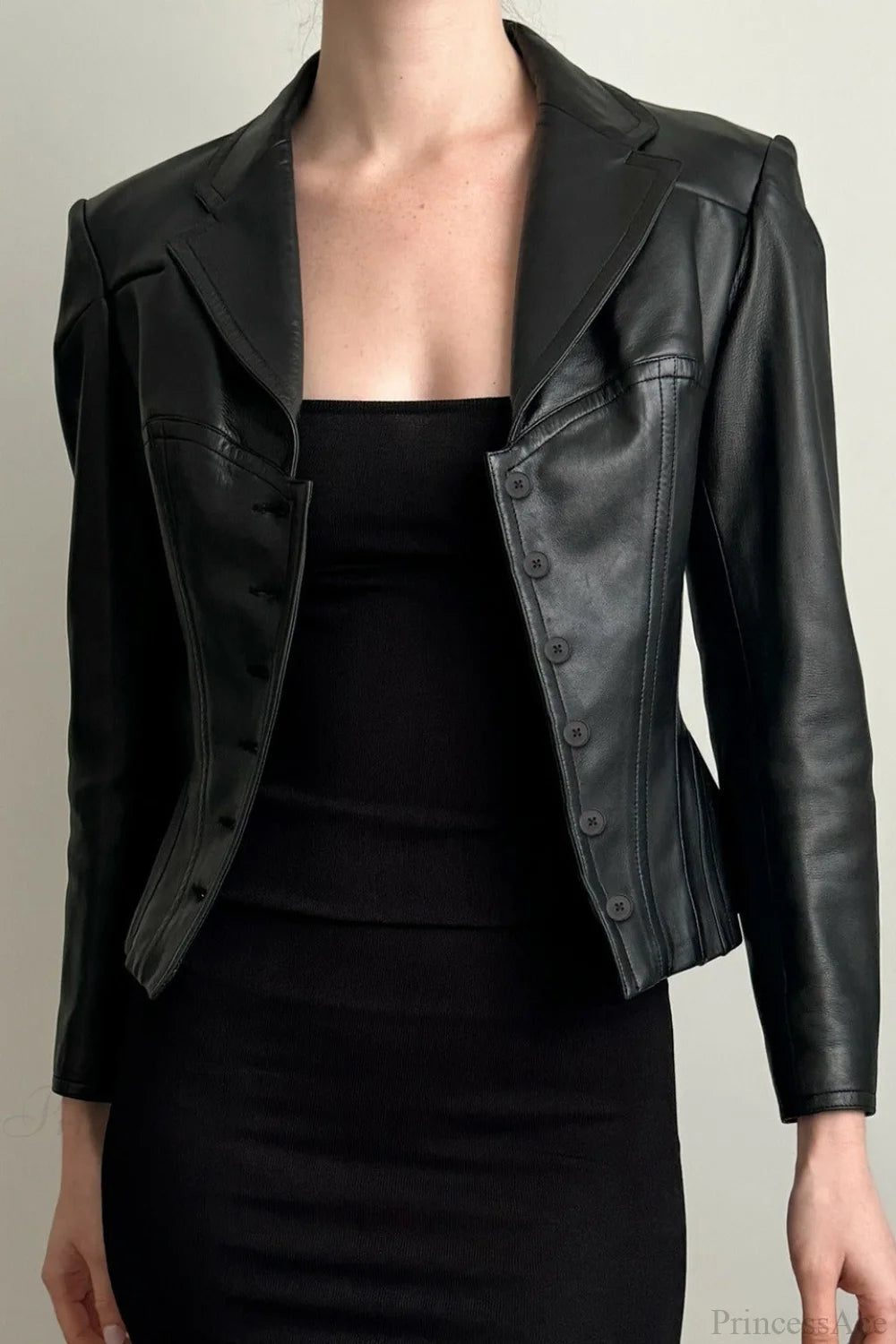Dark Cropped Notch Collar Leather Slim-Fit Jacket