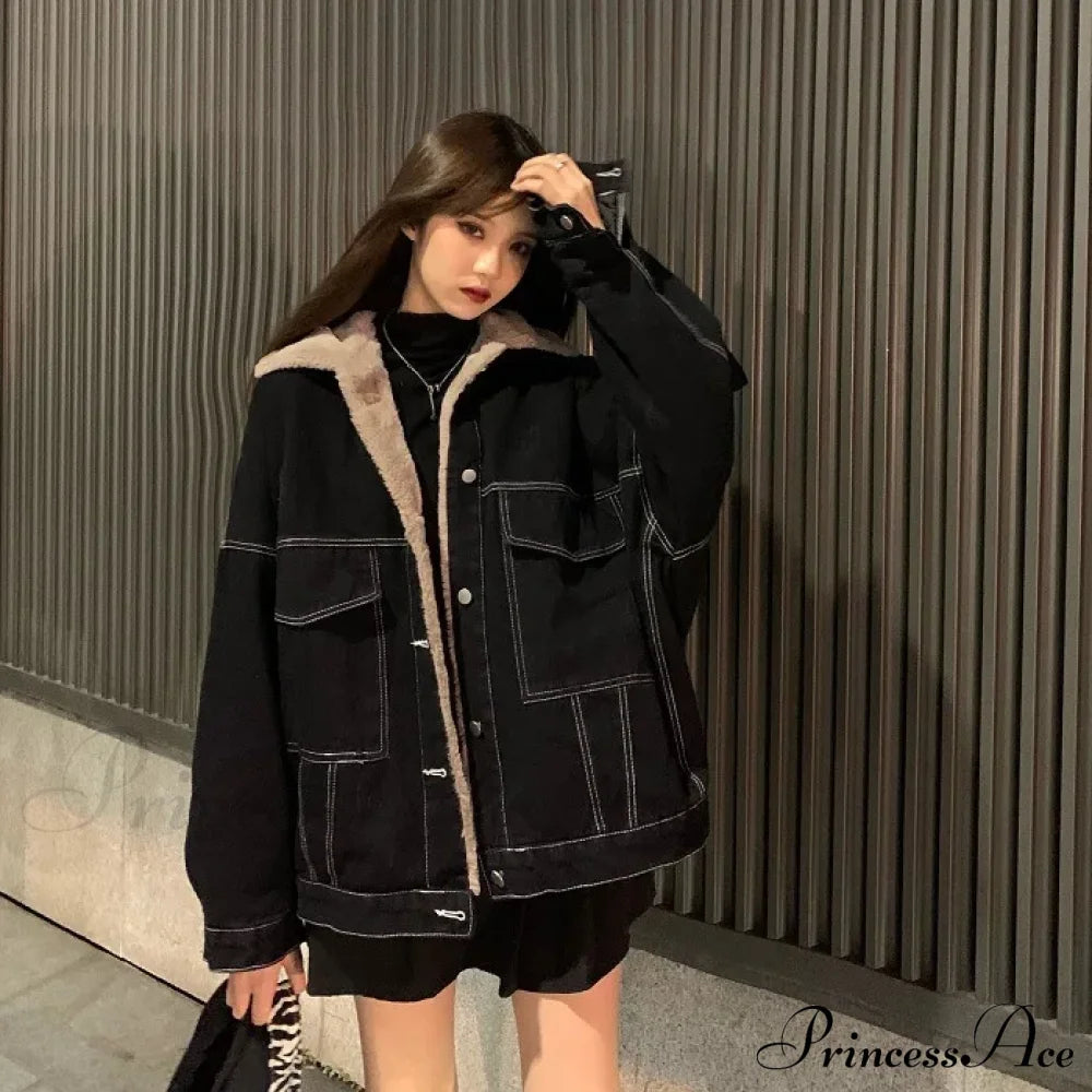 Dark Denim Stylish Fur Lining Jacket