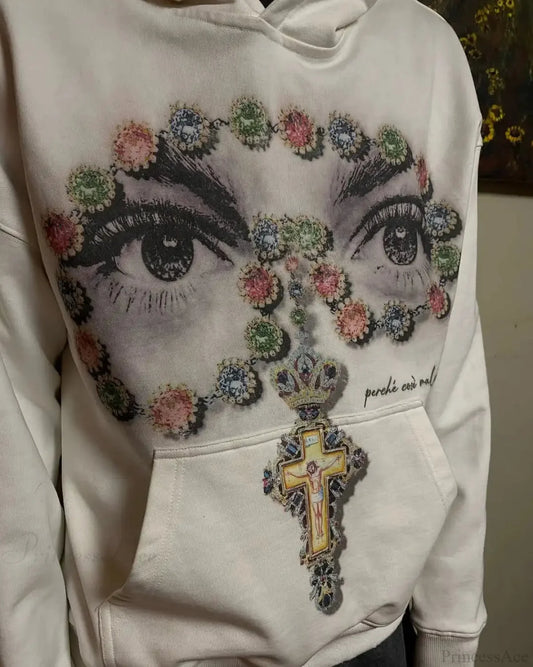 Dark Eyes Print Athletic Hoodie white2 / S