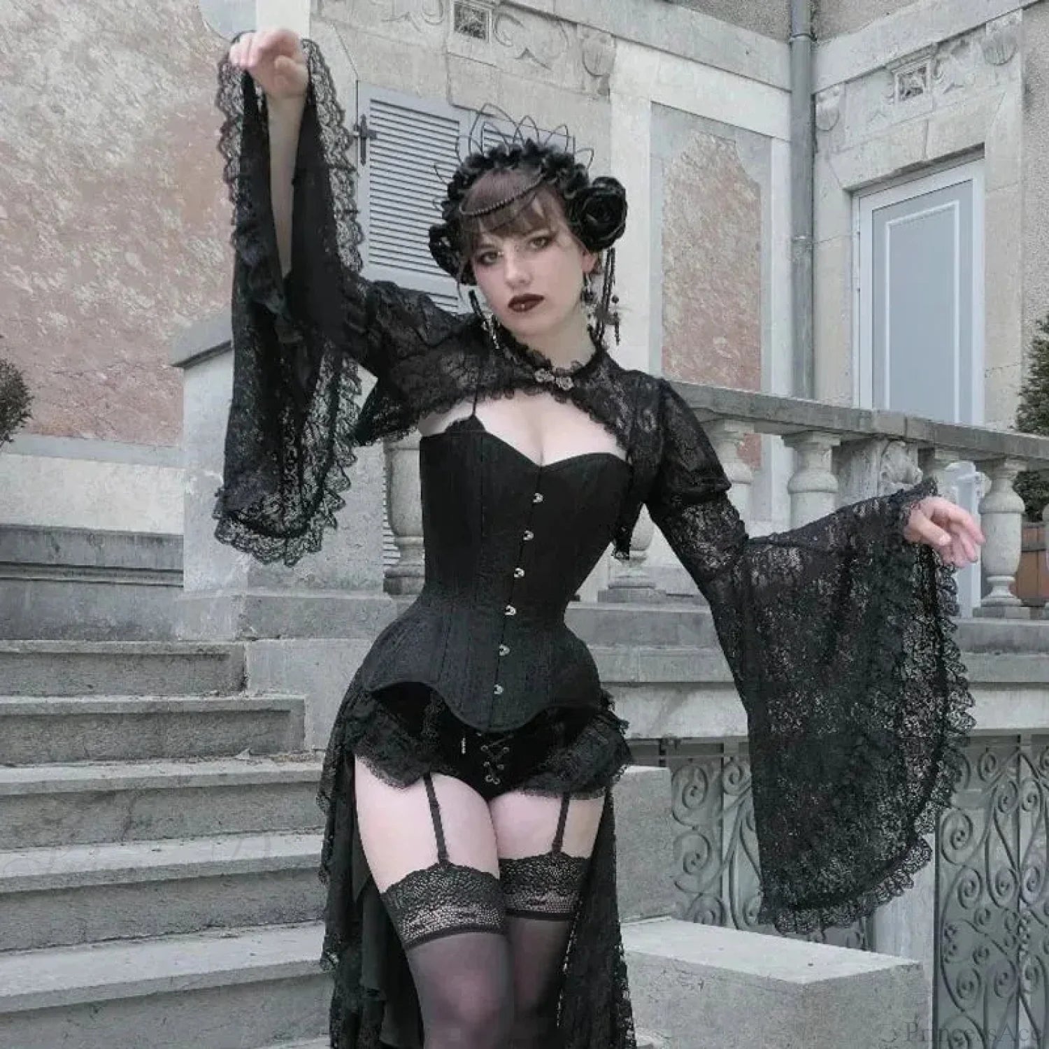 Dark Flared Sleeve Silk Blouse