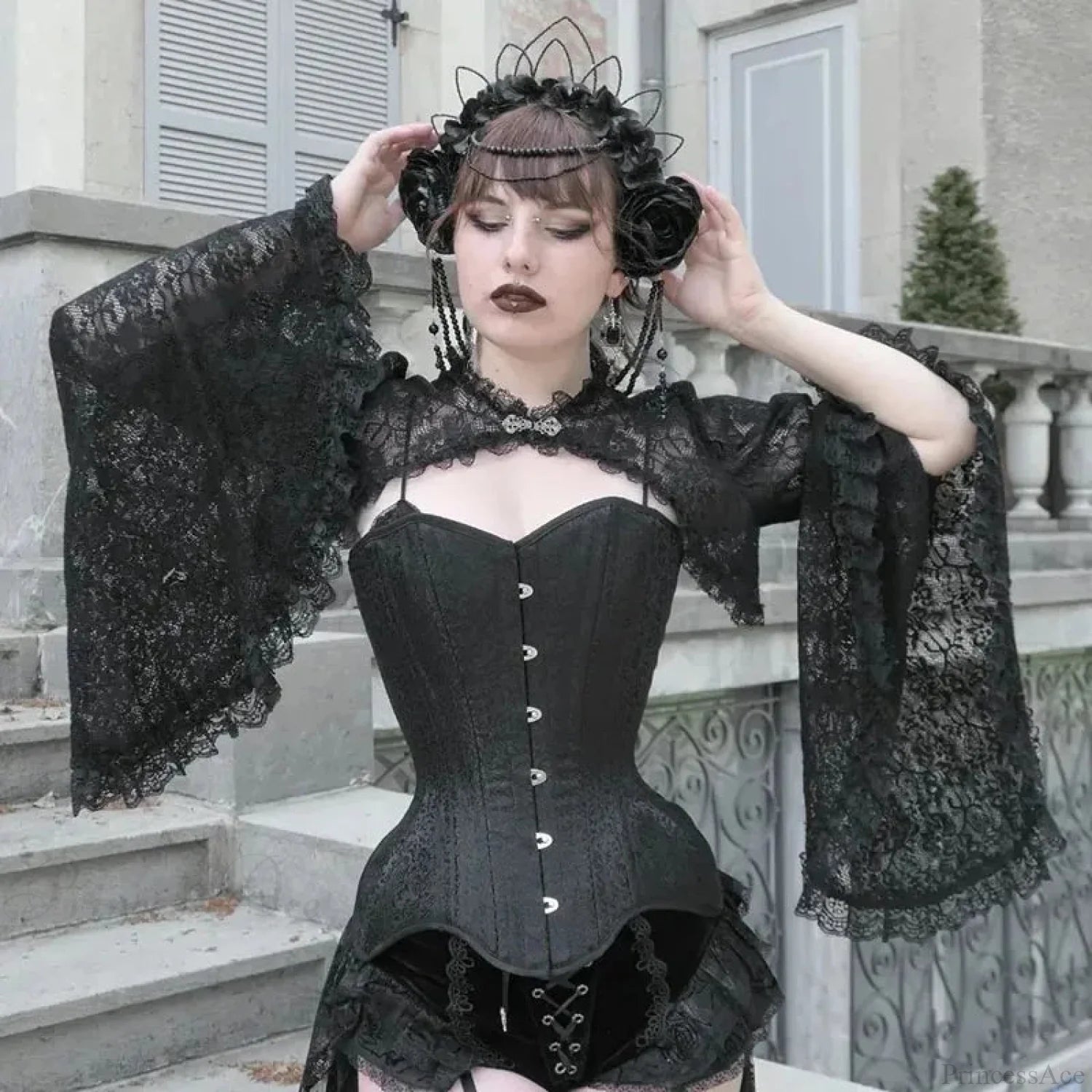 Dark Flared Sleeve Silk Blouse