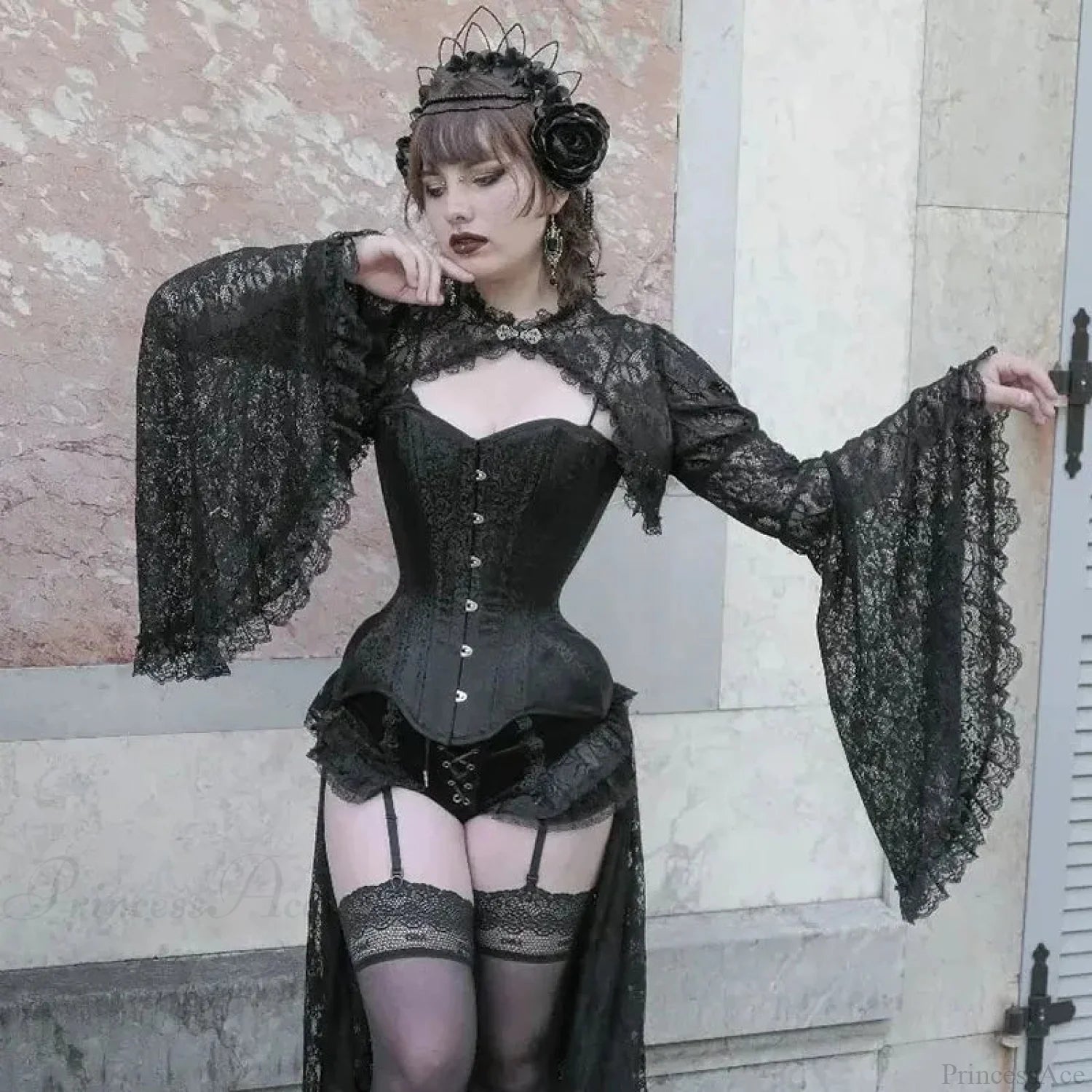 Dark Flared Sleeve Silk Blouse