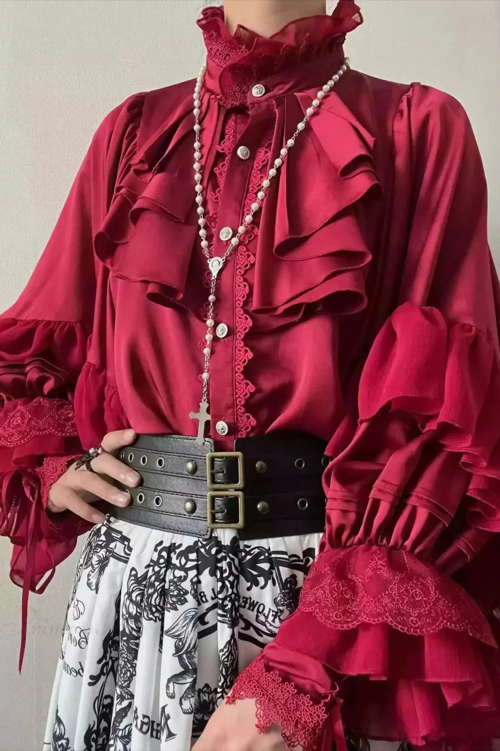 Dark Frill Batwing Sleeve Top Red / S