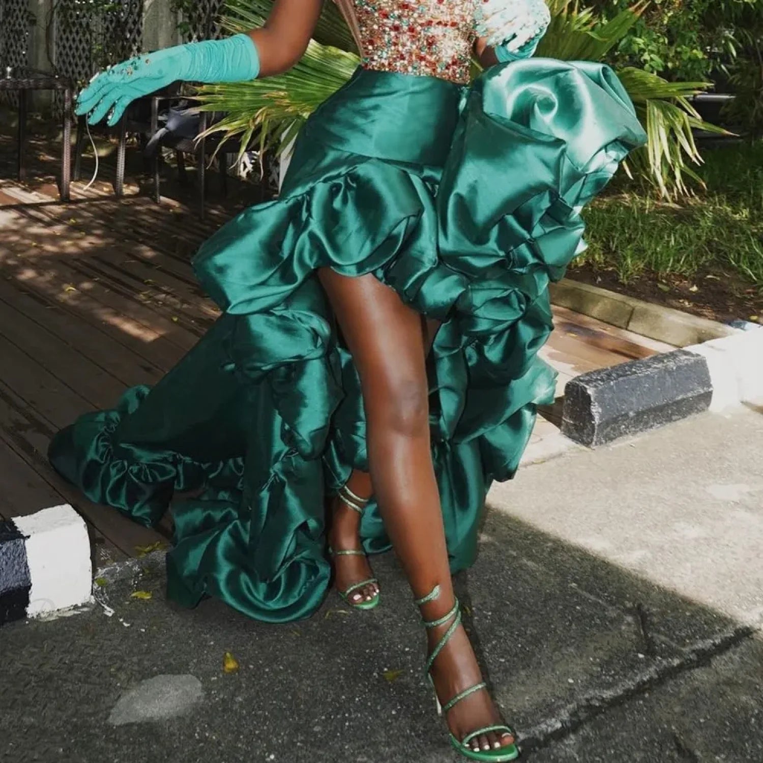 Dark Green High Low Skirt Ruffles Big Flowers Formal Wear skirt-250126