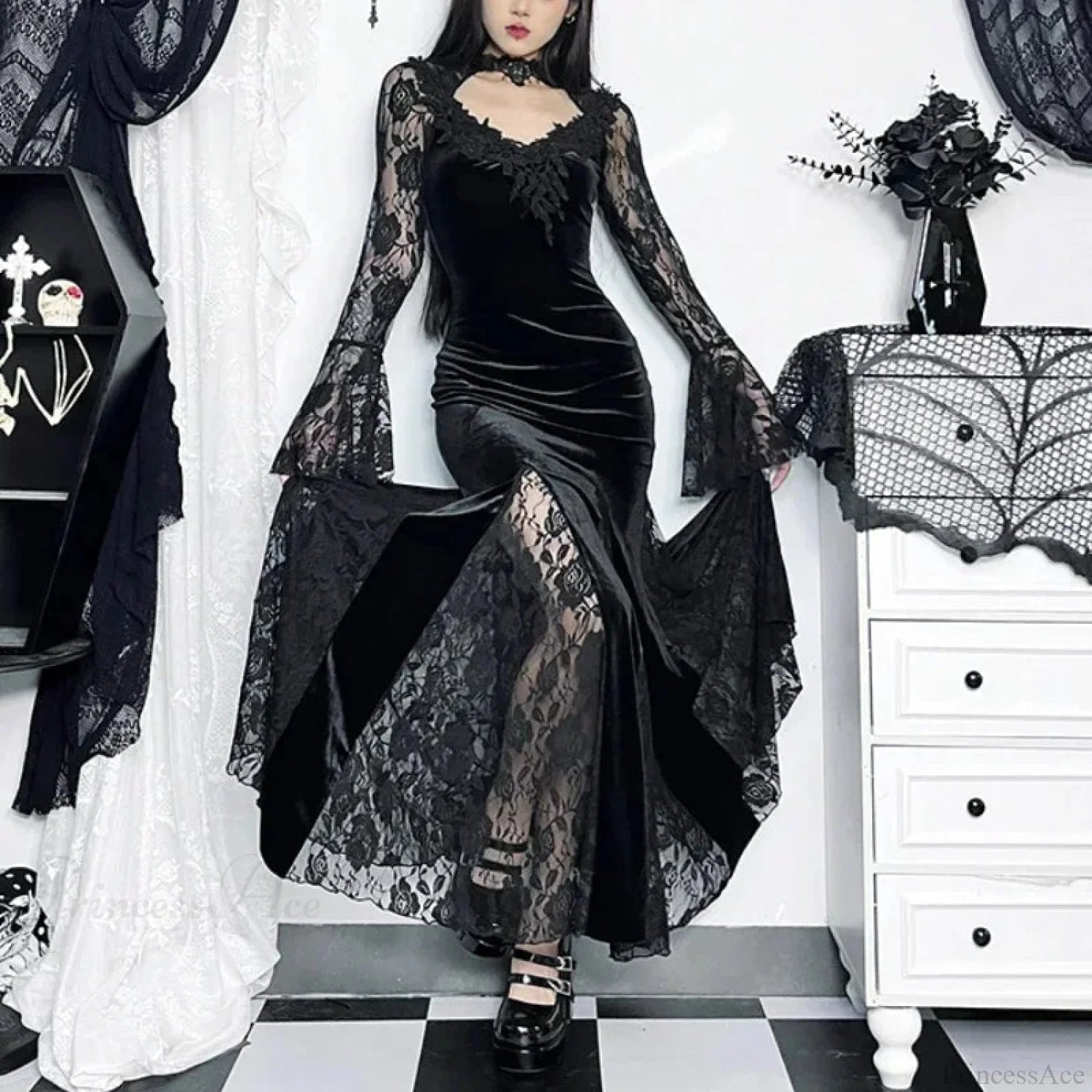 Dark Lace Trumpet Slim Midi Dress