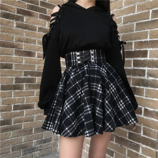 Dark Lolita Lace-up Wool Skirt black / S