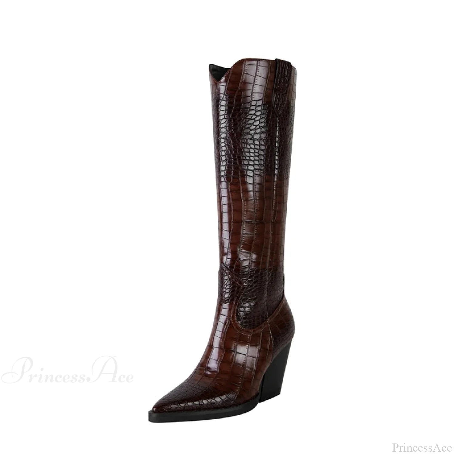 Dark Pointed Broad Heeled Oversized Western Boot Brown / 225