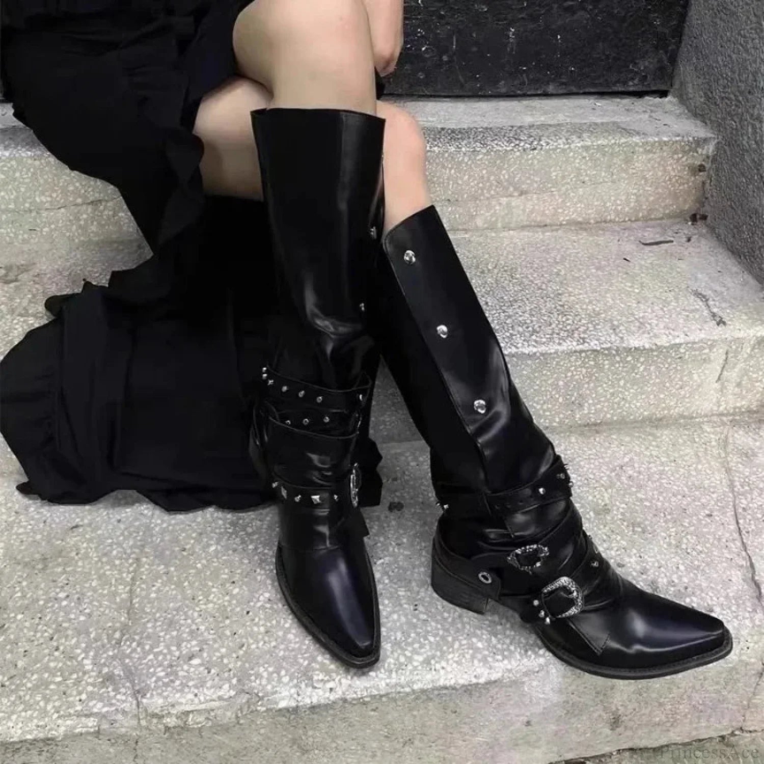 Dark Rebel Thigh High Gothic Motorbike Boot Black / 35