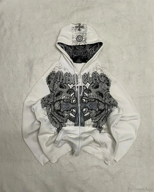 Dark Skull Oversized Zipper Hoodie white1 / S