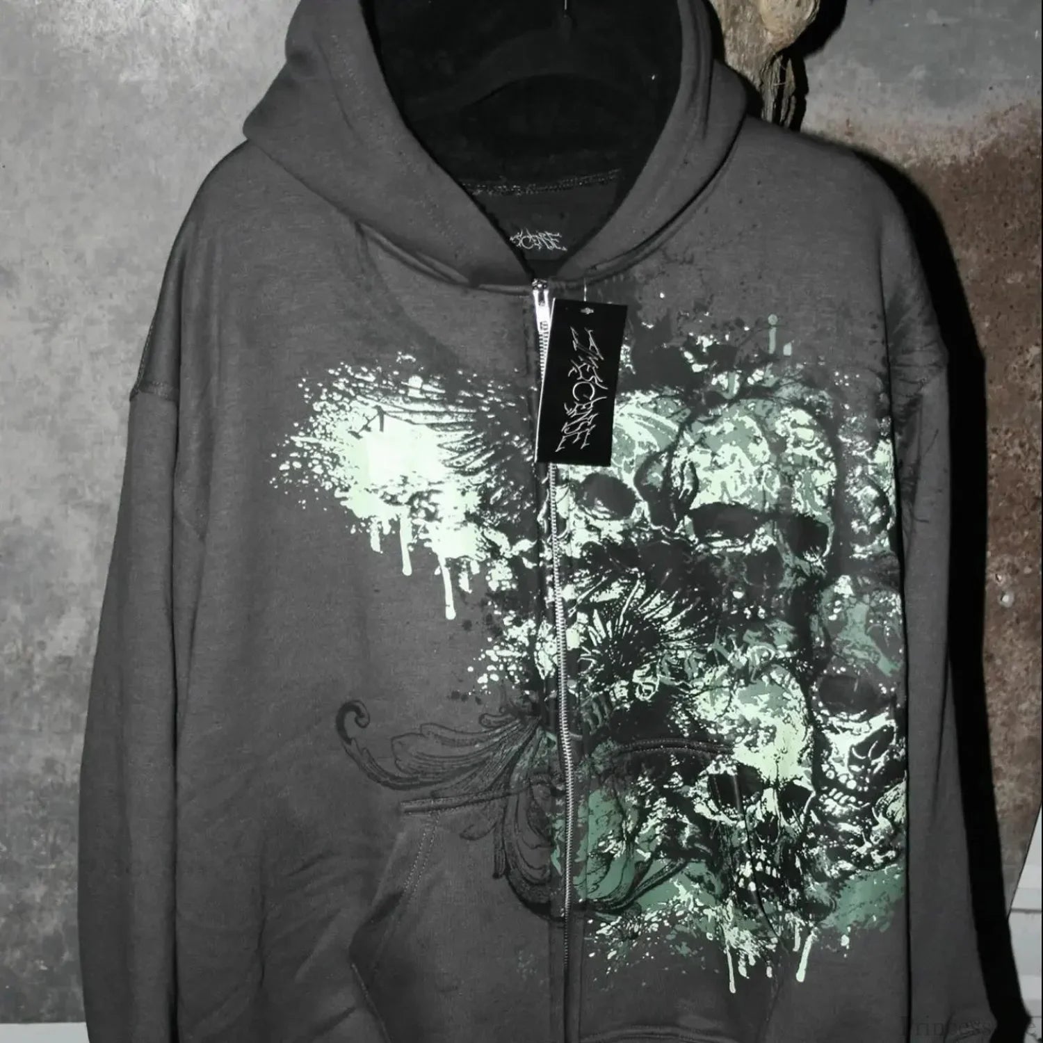 Dark Skull Print Zip Hoodie