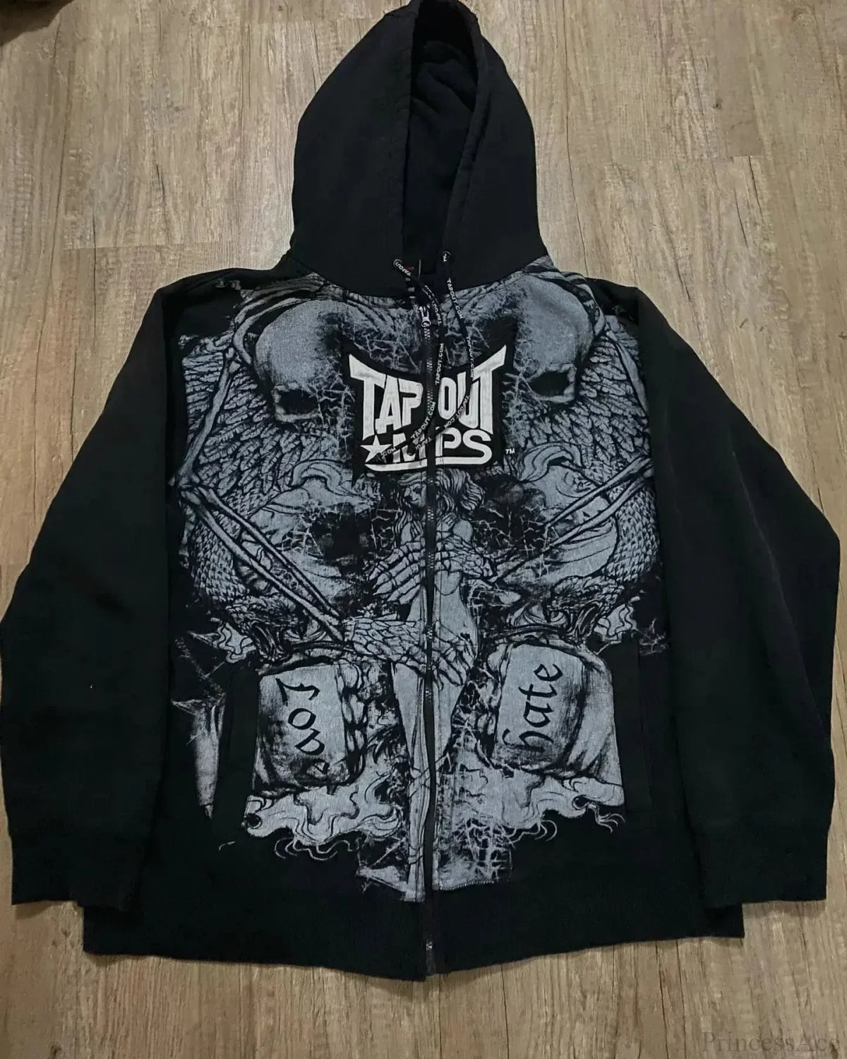 Dark Vintage Letter Print Zip Hoodie black2 / S