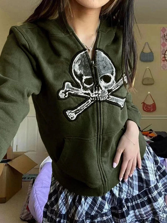 Dark Vintage Skull Zip Hoodie army green / S