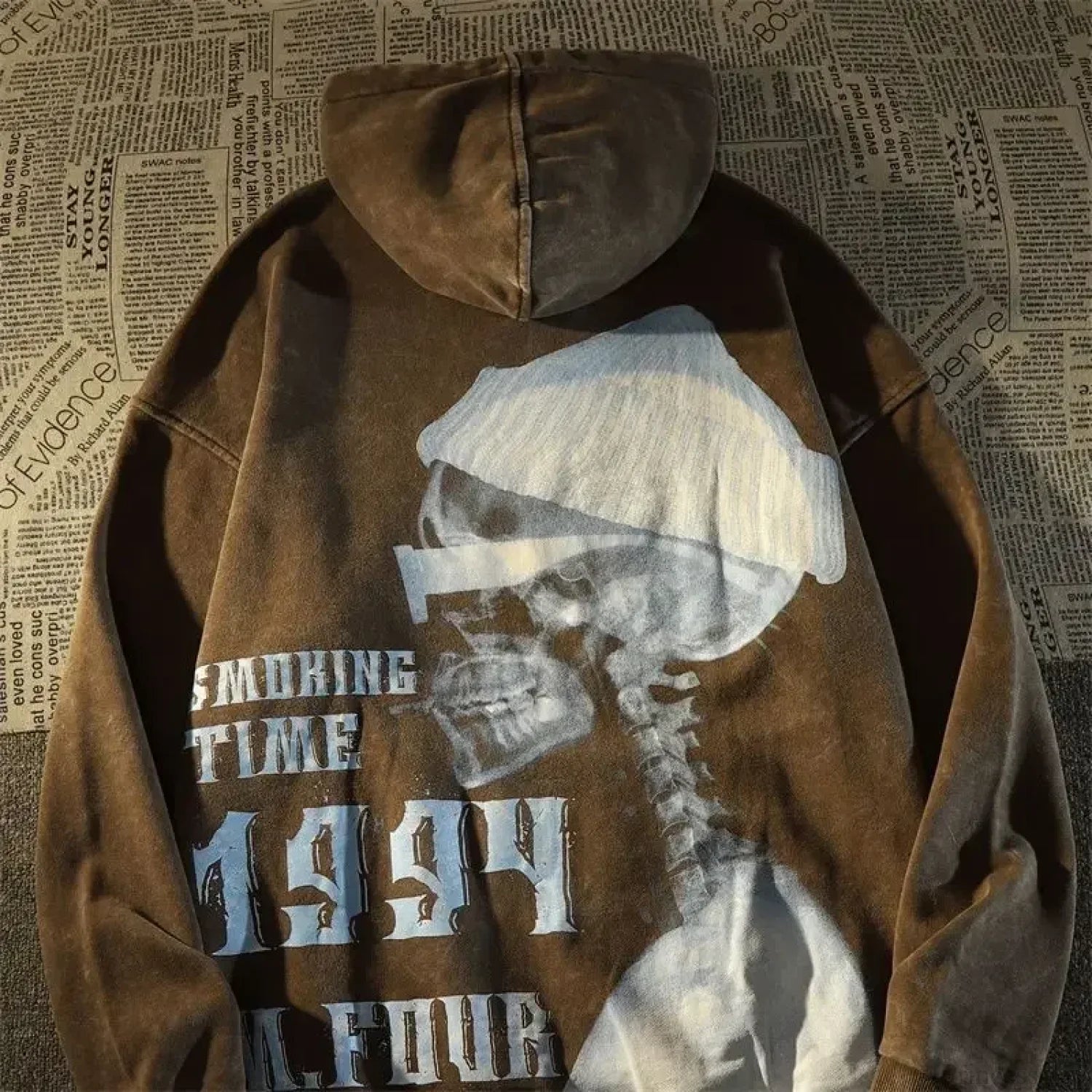 Dark Wind Skull Print Casual Hoodie Brown / M