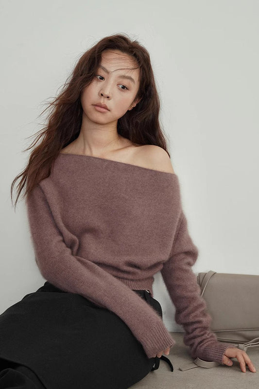 Raccoon Fur Off-Shoulder Cropped Slouchy Knit Top Brown / One Size