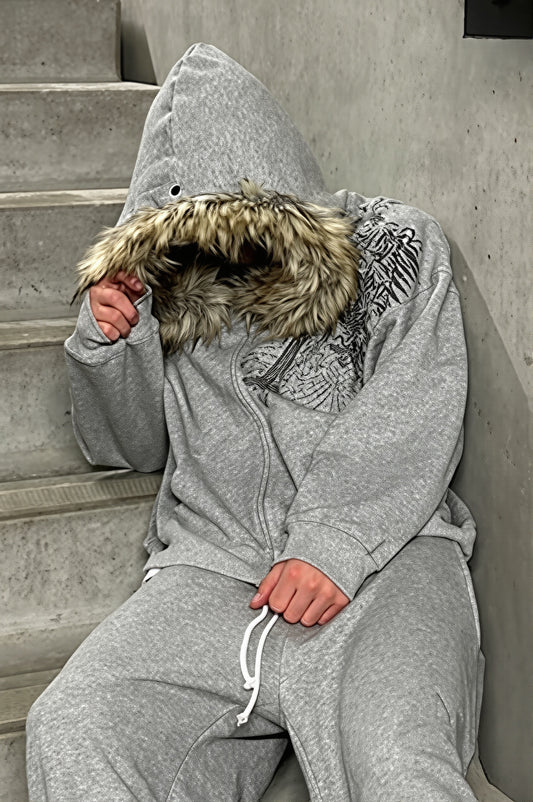 Faux Fur Trim Ornamental Zip Hoodie