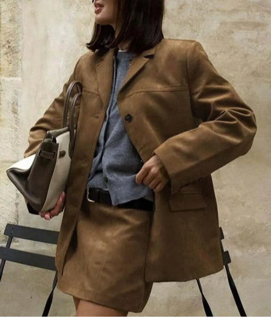 Braunes Mini-Büro-Zweiteilerset mit Taschen und Knöpfen