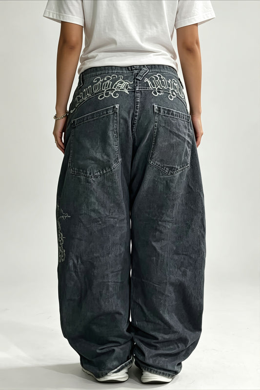 Vintage Wash Ornate Graphic Straight Jeans