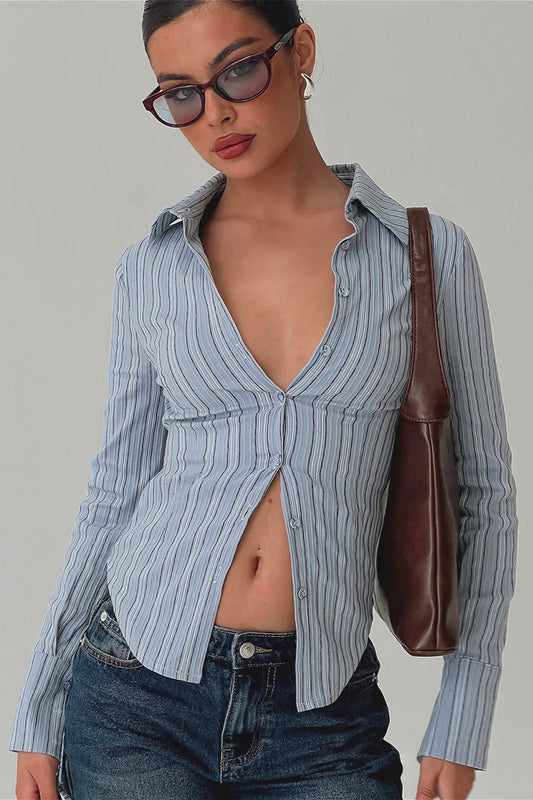 Vintage gestreifte Colorblock-Bluse mit Taillenbund