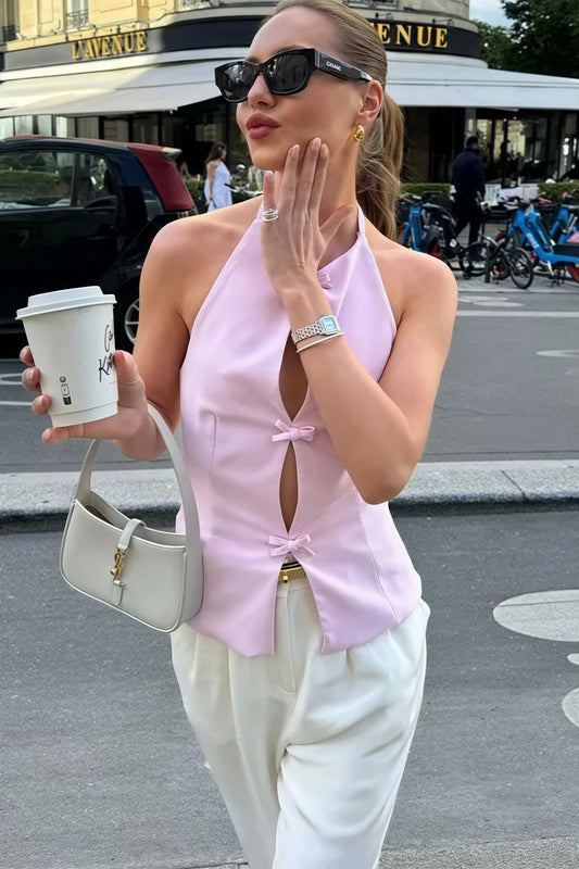 Elegant Hollow Out Bow Halter Neck Halter Top