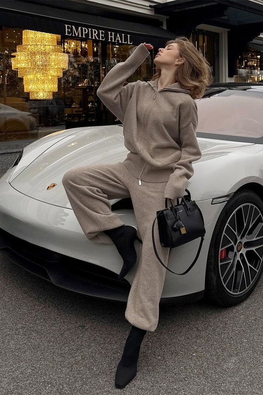 Double Zip Polo Knit Wide Leg Pants Set