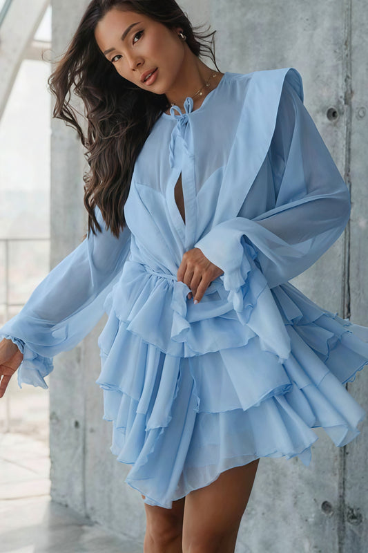 Long Sleeve Tie Mesh Sheer Tiered Mini Dress
