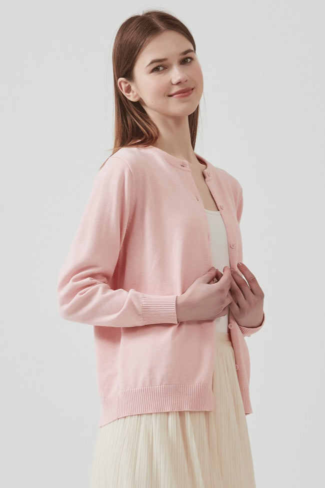 Cotton Round Neck Cardigan Pink / S