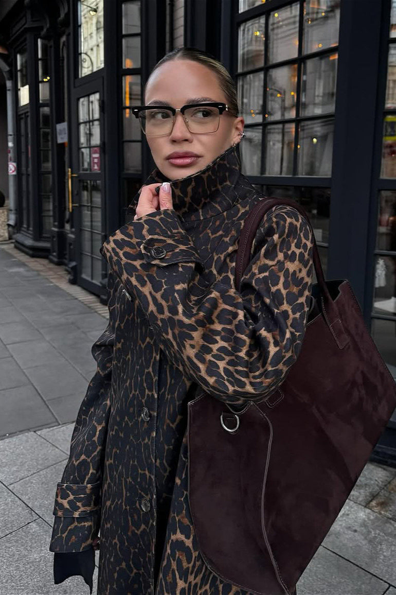 Leopard Stand Collar Stylish Long Overcoat