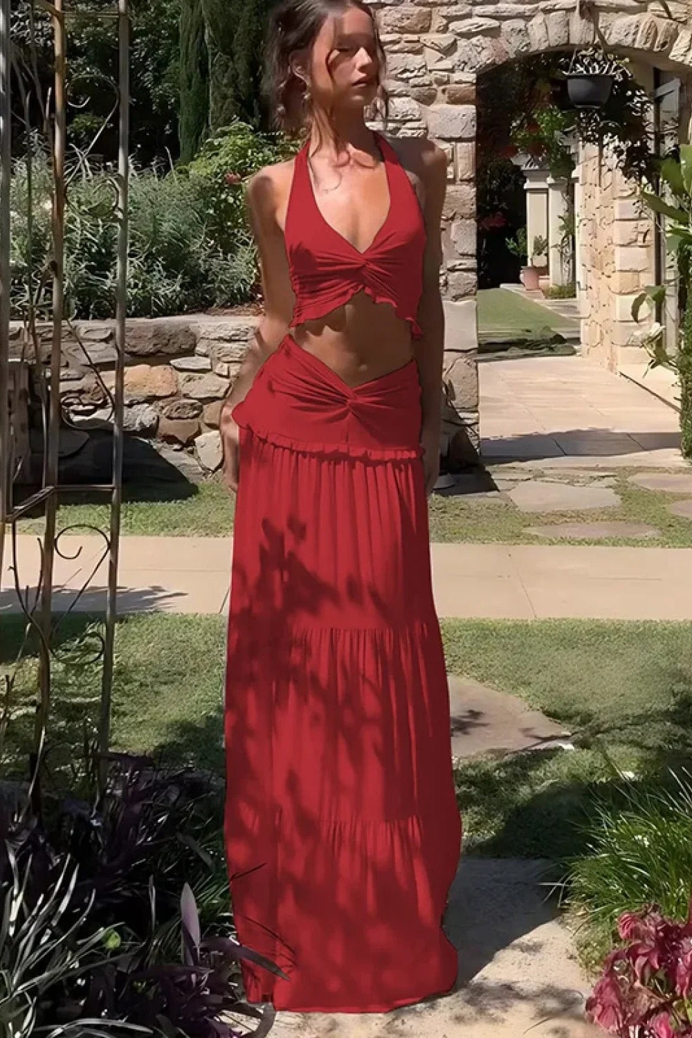 Sleeveless Halter Twist Co-ord Boho Dress Red / S