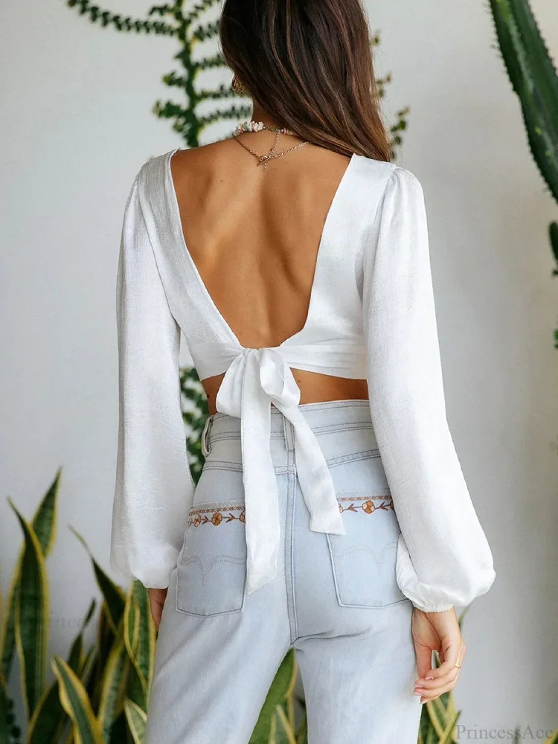Deep V Cut Out Back Tie Backless Puff Sleeve White Blouse croptop-250126