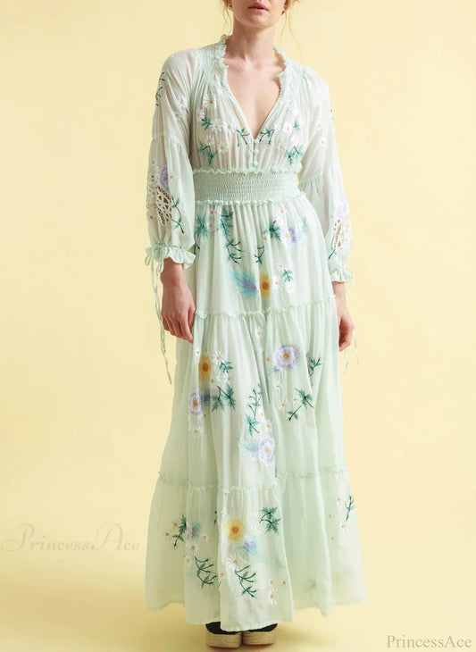 Deep V Long Sleeve Casual Dress Light green / S bohodress-250126