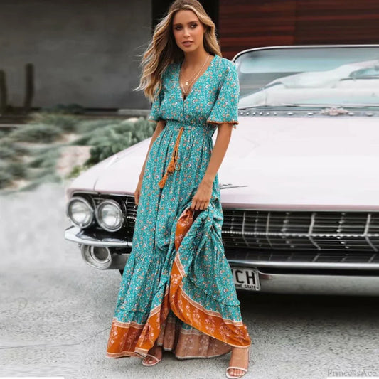 Deep V-neck Floral Boho Summer Dress bohodress-250126