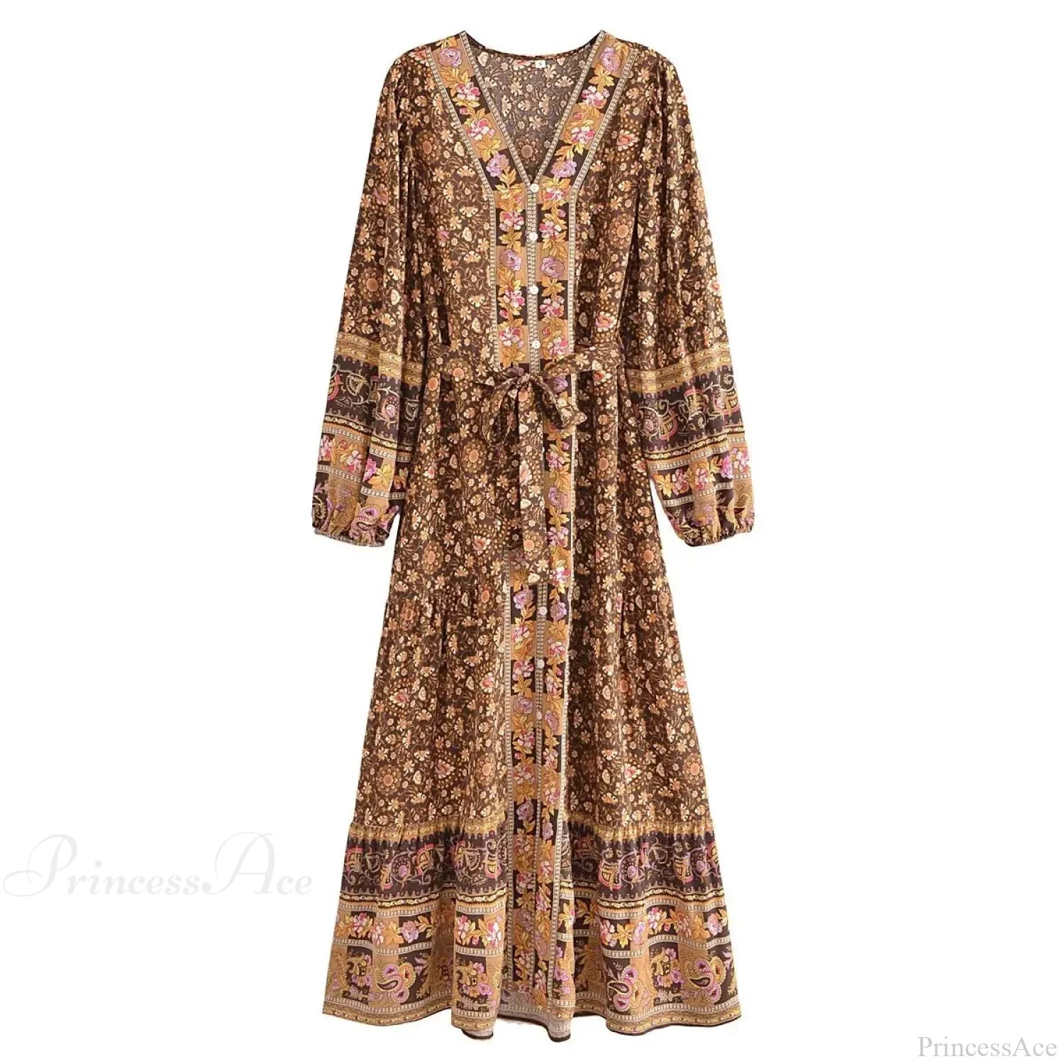 Deep V-neck Floral Long Sleeve Cotton Boho Dress Brown / S bohodress-250126