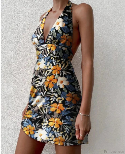 Deep V-Neck Floral Mini Dress Blue / S minidress-250223