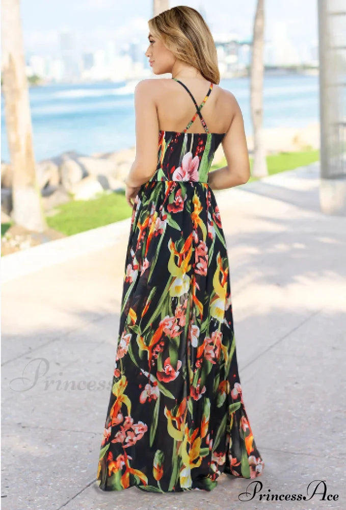 Deep V Neck Floral Print Beach Sling Maxi Dress S / Black Dresses