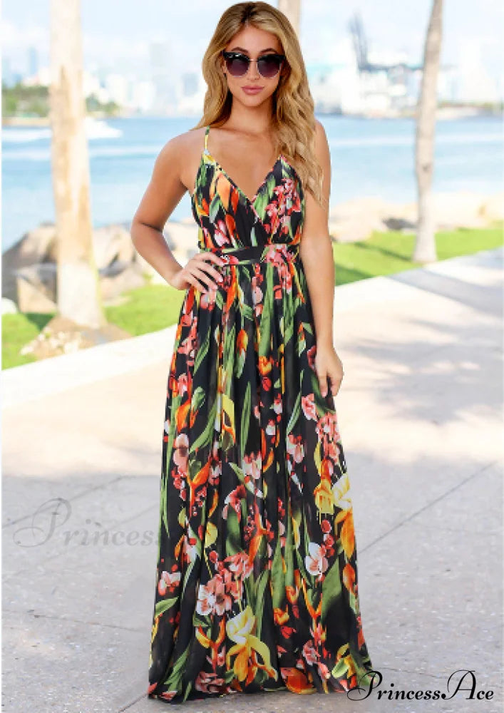Deep V Neck Floral Print Beach Sling Maxi Dress S / Orange Dresses