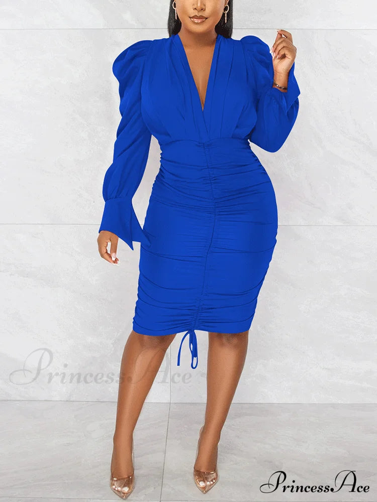 Deep V-Neck Front Trendy Tie Mini Dress Blue / L Dresses